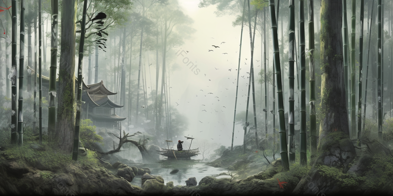 中国风水墨画空旷的竹林中雾气弥漫水面平静坐在树枝上的人望着远去的飞鸟手绘背景插画,插画/手绘图,插画/手绘图库,插画/手绘图下载,插画/手绘